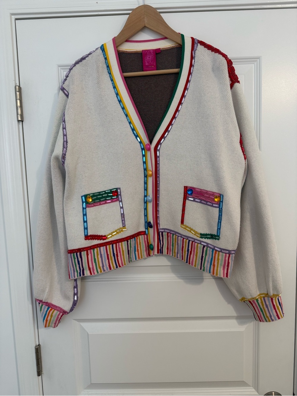 QOS: White Cropped Cardigan with Multicolor Trim